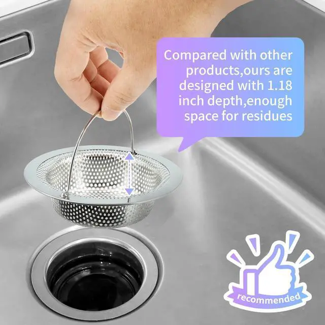 Alt view image 2 of 7 - 2 Pack Kitchen Sink Drain Strainer with Handle, Stainless Steel Large Kitchen Sink Drain Basket Food Catcher, Outer Diameter 4.5 Inch, Rust Free