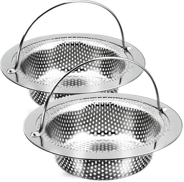 Main image of 2 Pack Kitchen Sink Drain Strainer with Handle, Stainless Steel Large Kitchen Sink Drain Basket Food Catcher, Outer Diameter 4.5 Inch, Rust Free