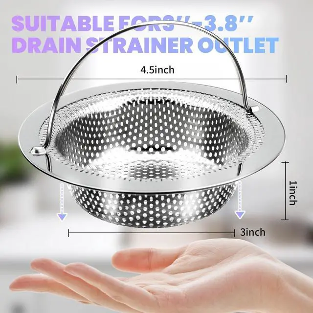 Alt view image 5 of 7 - 2 Pack Kitchen Sink Drain Strainer with Handle, Stainless Steel Large Kitchen Sink Drain Basket Food Catcher, Outer Diameter 4.5 Inch, Rust Free