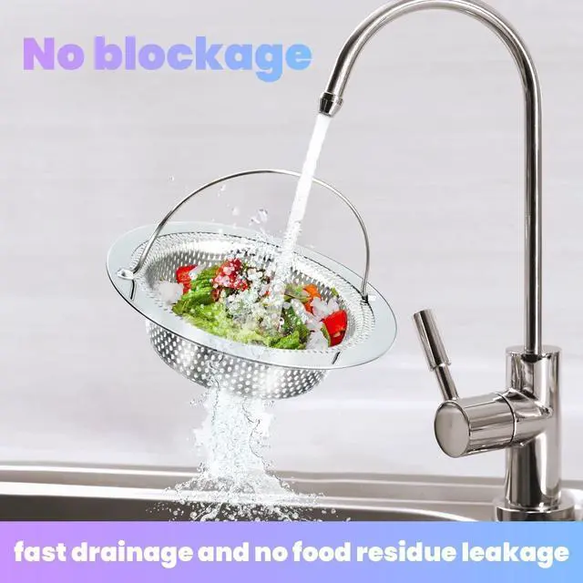 Alt view image 6 of 7 - 2 Pack Kitchen Sink Drain Strainer with Handle, Stainless Steel Large Kitchen Sink Drain Basket Food Catcher, Outer Diameter 4.5 Inch, Rust Free