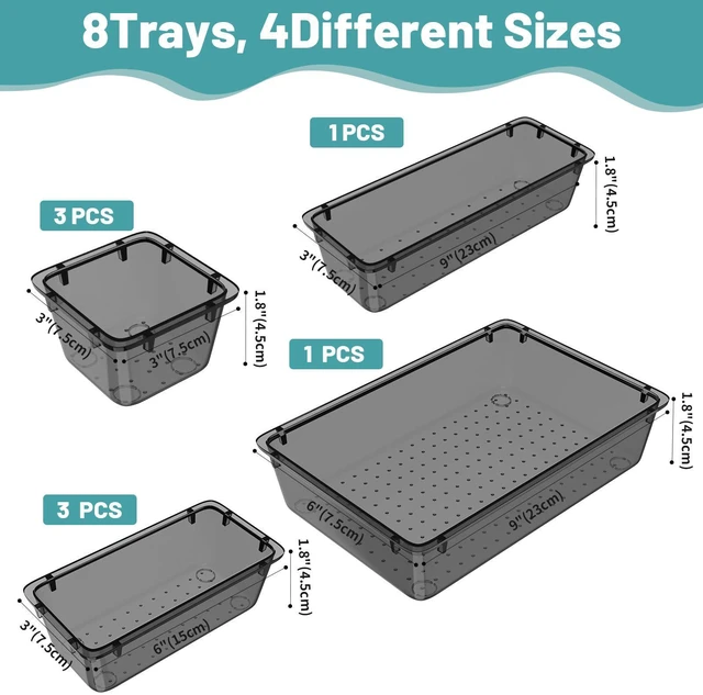Alt view image 3 of 7 - 8 PCS Clear Plastic Drawer Organizer Set, 4 Sizes Desk Drawer Organization and Storage Containers for Makeup, Cosmetics, Jewelry and Gadgets in Kitchen, Bathroom, Bedroom, Office, Clear Black