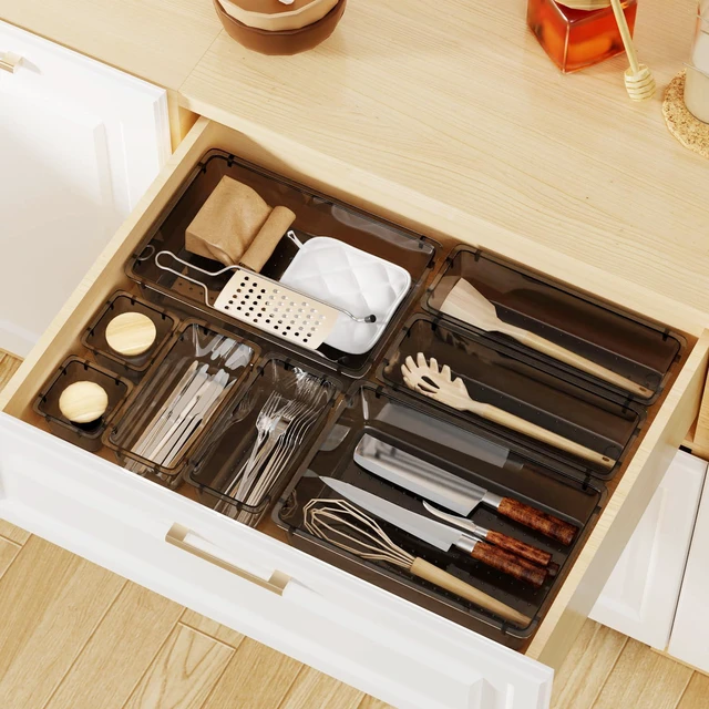 Alt view image 7 of 7 - 8 PCS Clear Plastic Drawer Organizer Set, 4 Sizes Desk Drawer Organization and Storage Containers for Makeup, Cosmetics, Jewelry and Gadgets in Kitchen, Bathroom, Bedroom, Office, Clear Black