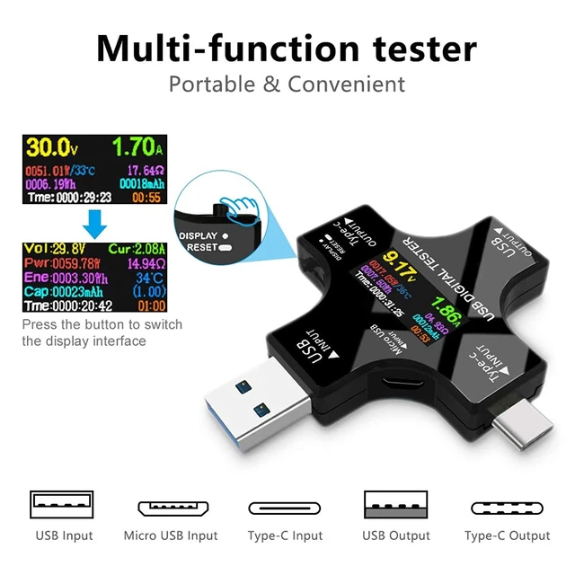 Alt view image 3 of 7 - 2 in 1 Type C USB Power Meter Tester LCD Digital Multimeter Voltage Current Capacity Temperature Working Time Detector Analyzer Dongle Unit for Charger Power Bank Phone Battery Test with OTG Adapter