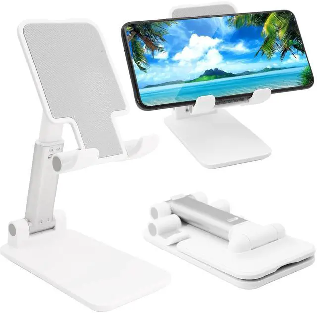 Main image of NEW Cell Phone Stand, Folding Desktop Phone Stand, Angle Height Adjustable Mobile Phone Holder for Desk, Office, Tablet Stand Compatible with All Phones 4-10 Inches Cell Phone/Tablet (White)
