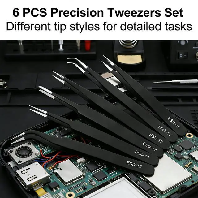 Alt view image 2 of 7 - Rackii 6-Pcs Precision Tweezers Set, ESD Safe Stainless Steel Fine Tip