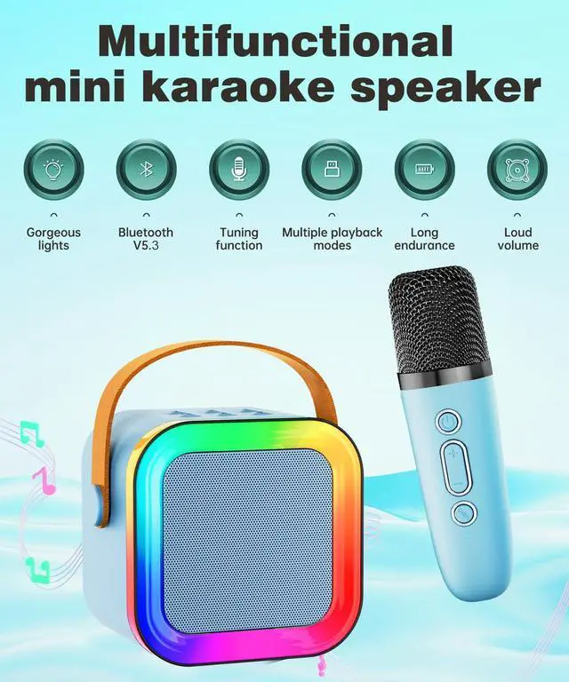 Alt view image 9 of 14 - Mini Karaoke Machine Speaker for Kids Adults,Portable Bluetooth with 1-2 Wireless Microphones,Christmas Birthday Gifts Toys Girls Boys Ages 4, 5, 6,7, 8,9,10,11,12+ Years Old Toddler (Blue - 2 Mic)