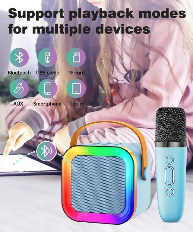 Alt view image 14 of 14 - Mini Karaoke Machine Speaker for Kids Adults,Portable Bluetooth with 1-2 Wireless Microphones,Christmas Birthday Gifts Toys Girls Boys Ages 4, 5, 6,7, 8,9,10,11,12+ Years Old Toddler (Blue - 2 Mic)