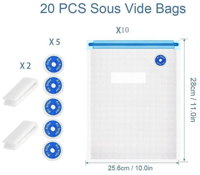 Alt view image 2 of 6 - Ankei 10Pcs Sous Vide Bags Reusable, BPA Free Vacuum Sealer Bag, Vacuum Food Storage Bag for Sous Vide Cooking/Microwave Heating - 10Pcs Vacuum Zipper Bags & 2 Seal Clips & 5 Air Valves (11 * 10in)