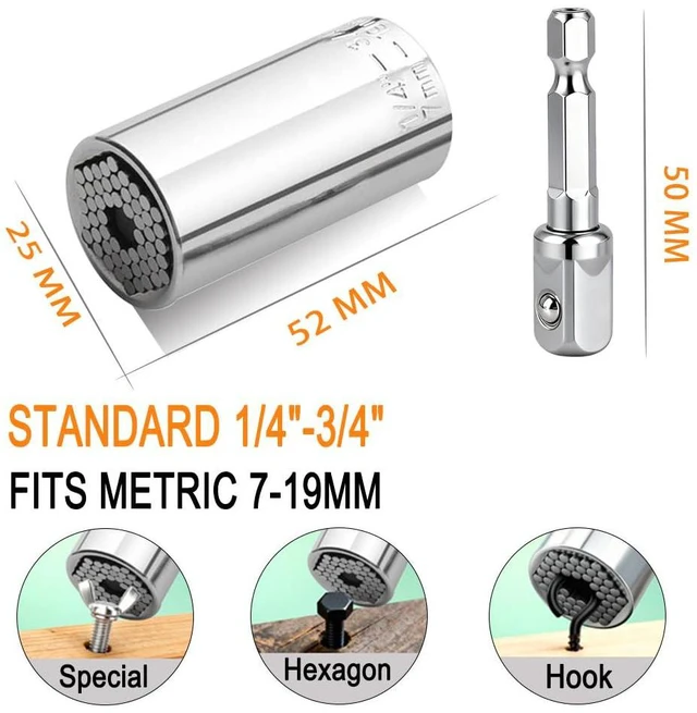 Alt view image 2 of 6 - Universal Socket, 7-19mm Self-Adjusting Socket with Power Drill Adapters, Fits Most Nuts and Bolts, Ideal Tool Gift for Men, Dad, Husband