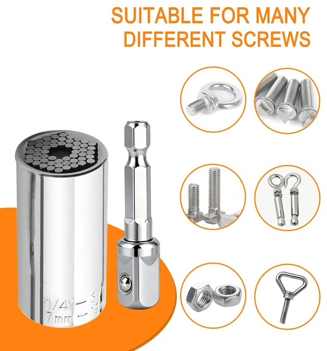 Alt view image 4 of 6 - Universal Socket, 7-19mm Self-Adjusting Socket with Power Drill Adapters, Fits Most Nuts and Bolts, Ideal Tool Gift for Men, Dad, Husband