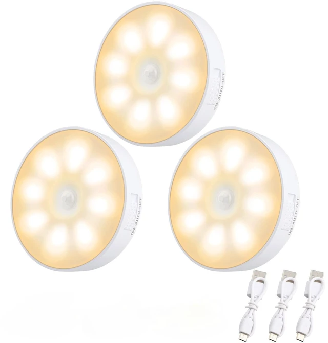 Main image of 3 PCS Motion Sensor Light, Rechargeable Night Light(3000K Warm Yellow) | 8 LEDs, with USB Cable & Magnetic Patch, 3 Modes, Cordless Safe Wall Light for Kitchen, Bookshelves, Drawers