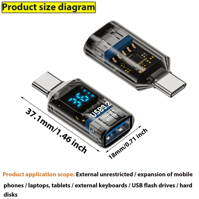 Alt view image 3 of 6 - 2Pack USB A3.2 to Type C Adapter,C Female to USB Revolution Adapter 10Gbps | with Digital Display 60W Power Output,for iPhone16 15 14ProMax,Plus,MacBook,Galaxy S23 S24