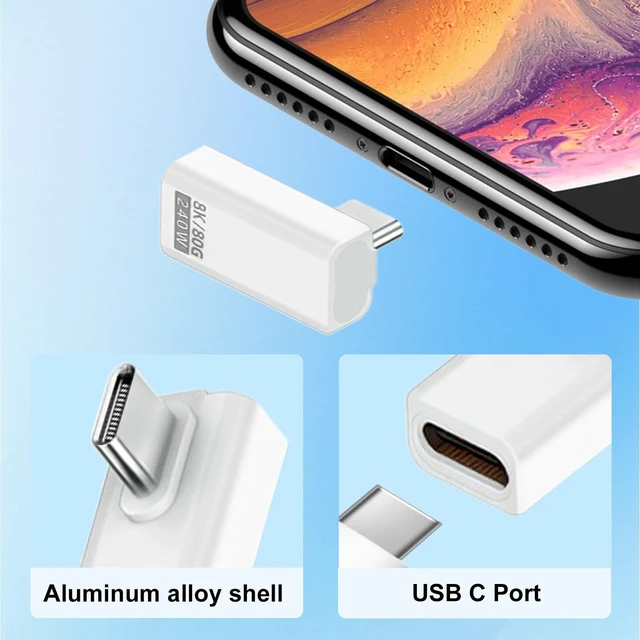Alt view image 5 of 7 - 90 Degree USB C Adapter 80Gbps, 240W USB C 90 Degree Adapter Thunderbolt 5 Right Angle Type C Extender Coupler Connector for MacBook, Laptop, Tablet, VR, Camera, Smartphone, (White 2pack)