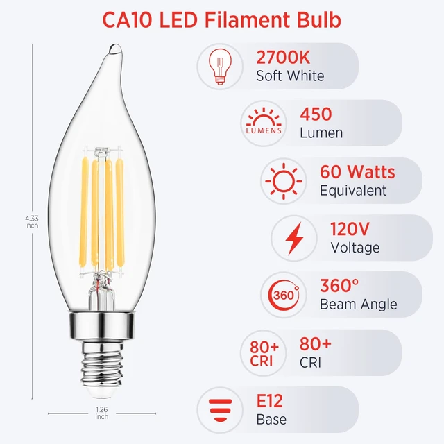 Alt view image 2 of 7 - Candelabra Light Bulbs E12 LED Bulb Dimmable, 60W Equivalent CA10 Candle Bulbs 2700K Warm White, Soft Glow Chandelier Bulbs for Ceiling Fan, Pendant Light, Wall Sconce, 12 Pack