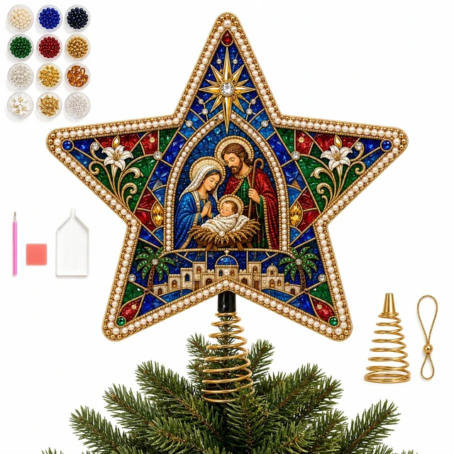 Main image of Christian Pearl Diamond Art Christmas Tree Topper Kit 8inStyle 1 | Christian Xmas Star Ornament Tree Topper Decor, DIY Pearl Diamond Dots Bead Painting Craft Kit for Beginners and Adults