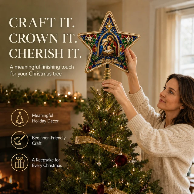 Alt view image 5 of 6 - Christian Pearl Diamond Art Christmas Tree Topper Kit 8inStyle 1 | Christian Xmas Star Ornament Tree Topper Decor, DIY Pearl Diamond Dots Bead Painting Craft Kit for Beginners and Adults