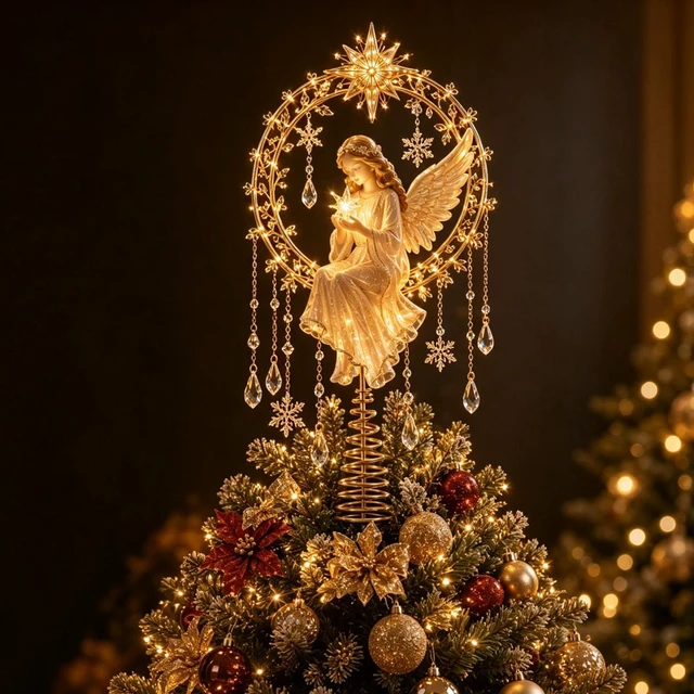 Main image of Lighted Memorial Christmas Tree Topper Collection, Angel, Cardinal & Reindeer Designs with Warm Glow and Crystal-Inspired Accents, for FamilyAngel's Christmas Moon