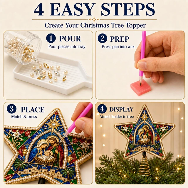 Alt view image 6 of 6 - Christian Pearl Diamond Art Christmas Tree Topper Kit 8inStyle 1 | Christian Xmas Star Ornament Tree Topper Decor, DIY Pearl Diamond Dots Bead Painting Craft Kit for Beginners and Adults