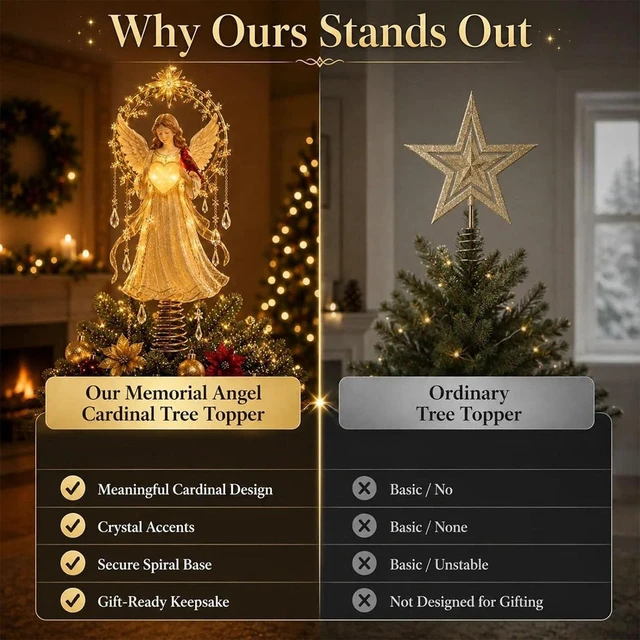 Alt view image 7 of 7 - Lighted Memorial Christmas Tree Topper Collection, Angel, Cardinal & Reindeer Designs with Warm Glow and Crystal-Inspired Accents, for FamilyAngel's Christmas Moon
