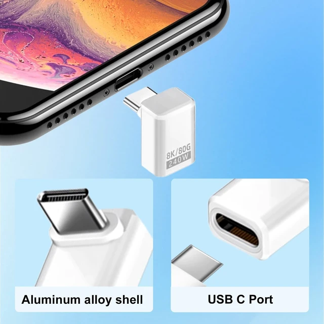 Alt view image 5 of 7 - Danfetsoy USB C 90 Degree Adapter 80Gbps, White 90 Degree USB C Adapter 240W, Up Down Angle Male to Female Type C Extender Thunderbolt 5 Connector 8K@60Hz Video for MacBook, Laptop, Tablet, 2pack