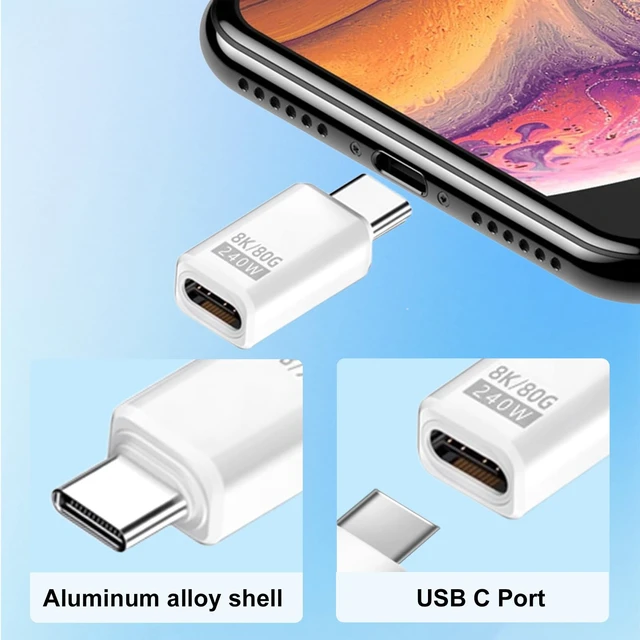 Alt view image 5 of 7 - 80Gbps USB C Extender Adapter, 240W USB Type C Extension Adapter, White Type C Male to Female Extender Thunderbolt 5 Connector 8K@60Hz Video for MacBook, Laptop, Tablet (2pack)