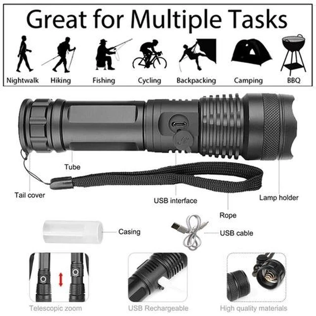 Alt view image 3 of 7 - Subkane Super-Bright 90000LM LED Tactical Flashlight With Rechargeable Battery
