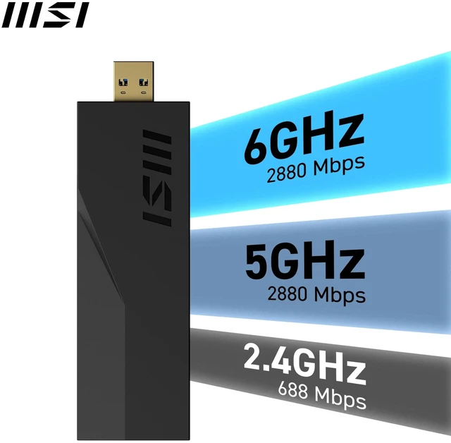 Alt view image 3 of 6 - MSI BE6500 WiFi 7 USB Adapter - WLAN up to 2880 Mbps (6GHz, 5GHz, 2.4GHz Wireless), USB 3.2 Gen 1, MU-MIMO, 2X High-Gain Tri-Band Antennas, Beamforming, WPA3 - Cradle Included
