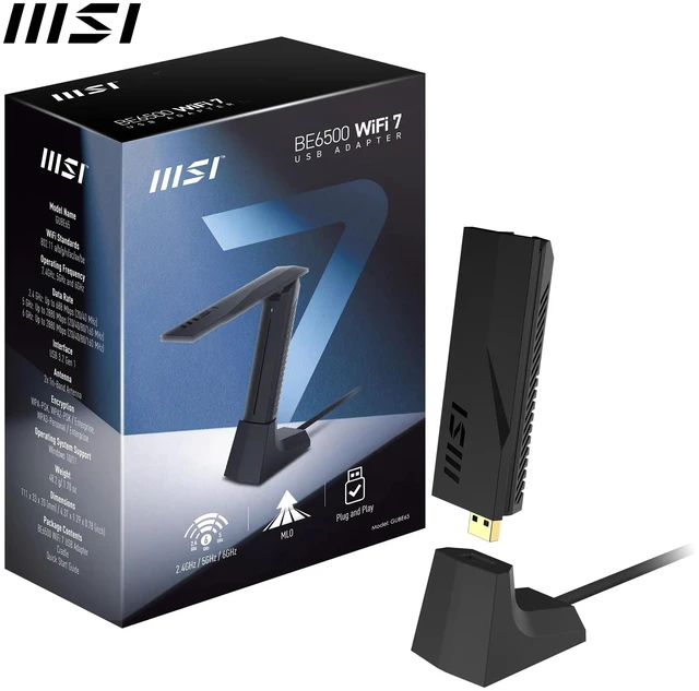 Alt view image 6 of 6 - MSI BE6500 WiFi 7 USB Adapter - WLAN up to 2880 Mbps (6GHz, 5GHz, 2.4GHz Wireless), USB 3.2 Gen 1, MU-MIMO, 2X High-Gain Tri-Band Antennas, Beamforming, WPA3 - Cradle Included