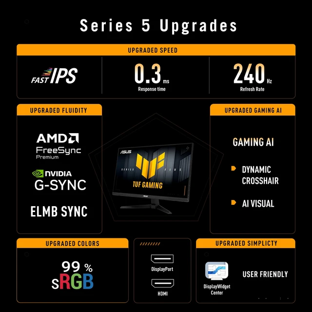 Alt view image 2 of 7 - TUF VG279QM5A 27 Inch 1080p 240Hz Fast IPS G-SYNC Gaming Monitor ELMB Sync, 0.3ms, FreeSync Premium, Variable Overdrive, 99% sRGB, HDMI, DisplayPort