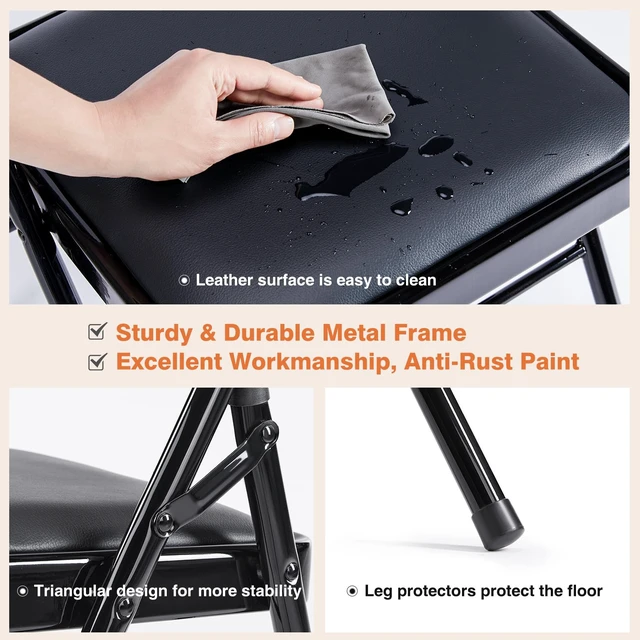Alt view image 2 of 6 - Folding Chair 4 Pack, Leather Padded Folding Chairs, Sturdy Metal Foldable Chairs, Easy to Use and Store, Outdoor and Indoor, for Home, Office, Party, Comfy, Black