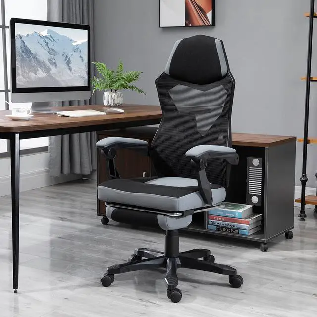 Alt view image 2 of 7 - Vinsetto Ergonomic Home Office Chair High Back Armchair Computer Desk Recliner with Footrest, Mesh Back, Lumbar Support and Wheels, Grey