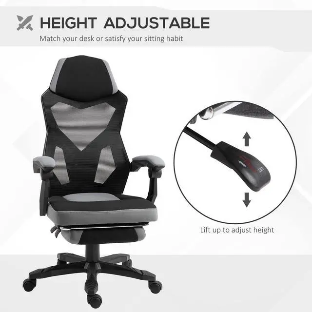 Alt view image 3 of 7 - Vinsetto Ergonomic Home Office Chair High Back Armchair Computer Desk Recliner with Footrest, Mesh Back, Lumbar Support and Wheels, Grey