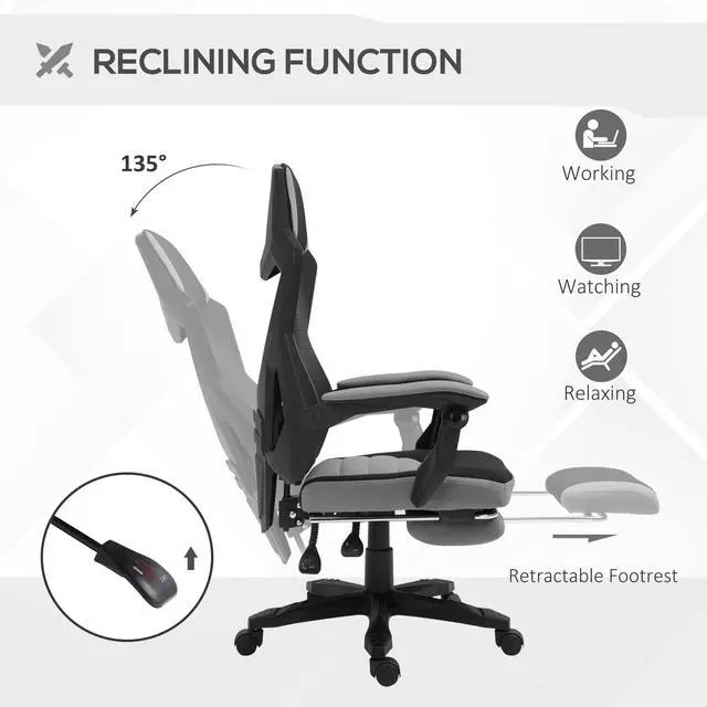Alt view image 4 of 7 - Vinsetto Ergonomic Home Office Chair High Back Armchair Computer Desk Recliner with Footrest, Mesh Back, Lumbar Support and Wheels, Grey