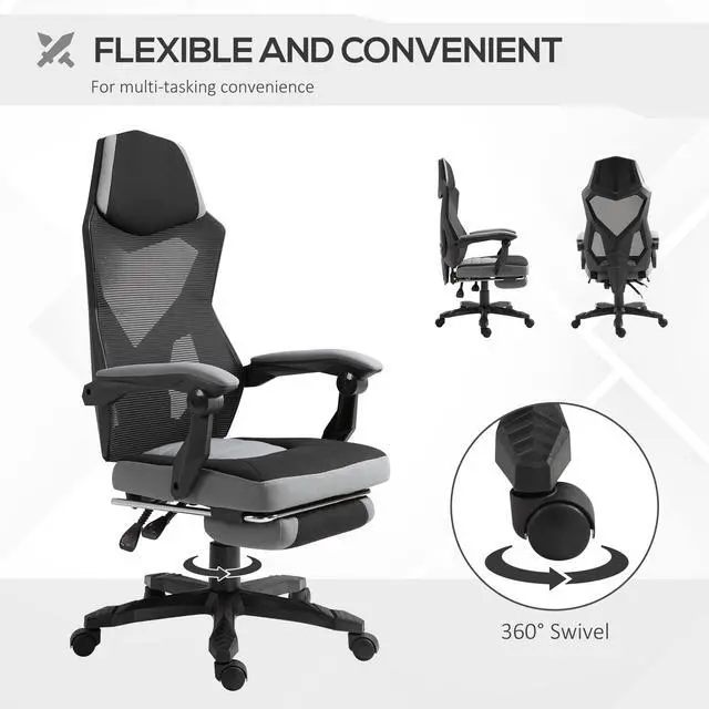 Alt view image 5 of 7 - Vinsetto Ergonomic Home Office Chair High Back Armchair Computer Desk Recliner with Footrest, Mesh Back, Lumbar Support and Wheels, Grey