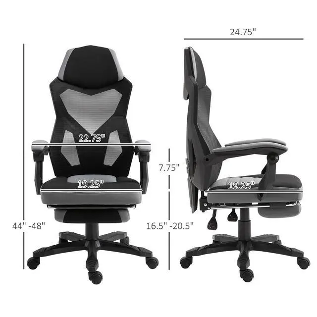 Alt view image 7 of 7 - Vinsetto Ergonomic Home Office Chair High Back Armchair Computer Desk Recliner with Footrest, Mesh Back, Lumbar Support and Wheels, Grey