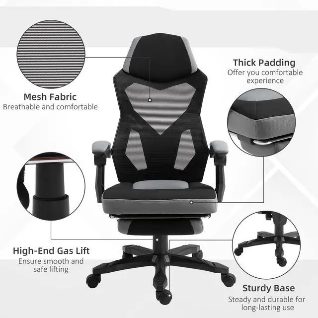 Alt view image 6 of 7 - Vinsetto Ergonomic Home Office Chair High Back Armchair Computer Desk Recliner with Footrest, Mesh Back, Lumbar Support and Wheels, Grey