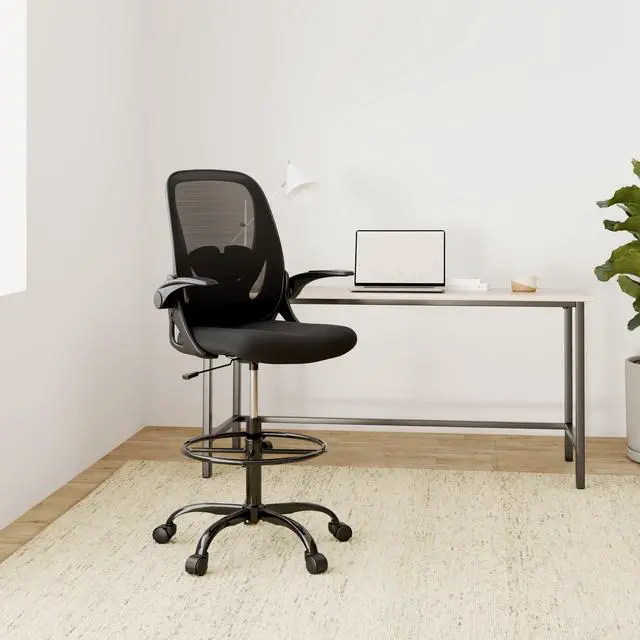 Alt view image 2 of 7 - Primy Drafting Chair Tall Office Chair with Flip-up Armrests Executive Ergonomic Computer Standing Desk Chair with Lumbar Support and Adjustable Footrest Ring (Black)