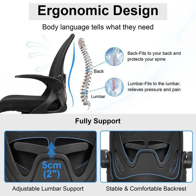 Alt view image 3 of 7 - Primy Drafting Chair Tall Office Chair with Flip-up Armrests Executive Ergonomic Computer Standing Desk Chair with Lumbar Support and Adjustable Footrest Ring (Black)