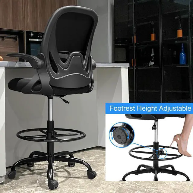 Alt view image 5 of 7 - Primy Drafting Chair Tall Office Chair with Flip-up Armrests Executive Ergonomic Computer Standing Desk Chair with Lumbar Support and Adjustable Footrest Ring (Black)