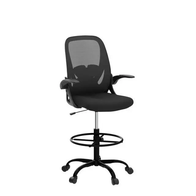 Alt view image 4 of 7 - Primy Drafting Chair Tall Office Chair with Flip-up Armrests Executive Ergonomic Computer Standing Desk Chair with Lumbar Support and Adjustable Footrest Ring (Black)