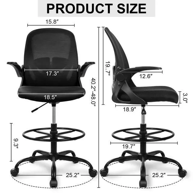 Alt view image 7 of 7 - Primy Drafting Chair Tall Office Chair with Flip-up Armrests Executive Ergonomic Computer Standing Desk Chair with Lumbar Support and Adjustable Footrest Ring (Black)