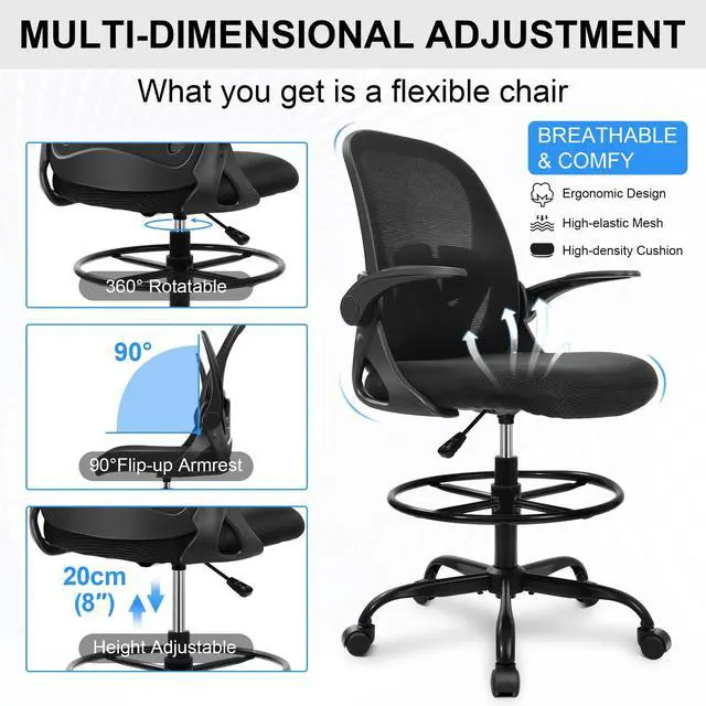 Alt view image 6 of 7 - Primy Drafting Chair Tall Office Chair with Flip-up Armrests Executive Ergonomic Computer Standing Desk Chair with Lumbar Support and Adjustable Footrest Ring (Black)