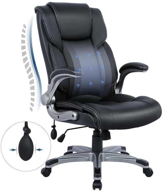 Main image of COLAMY High Back Executive Office Chair - Padded Leather Ergonomic Computer Desk Chair with Inflatable Lumbar Support & Flip-Up Arms, Adjustable Tilt Lock Swivel Task Chair for Home Office, Black