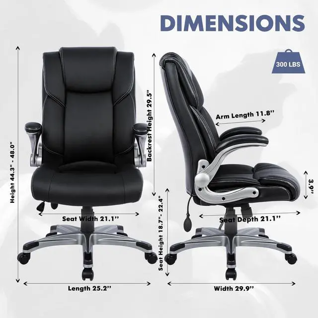 Alt view image 3 of 5 - COLAMY High Back Executive Office Chair - Padded Leather Ergonomic Computer Desk Chair with Inflatable Lumbar Support & Flip-Up Arms, Adjustable Tilt Lock Swivel Task Chair for Home Office, Black
