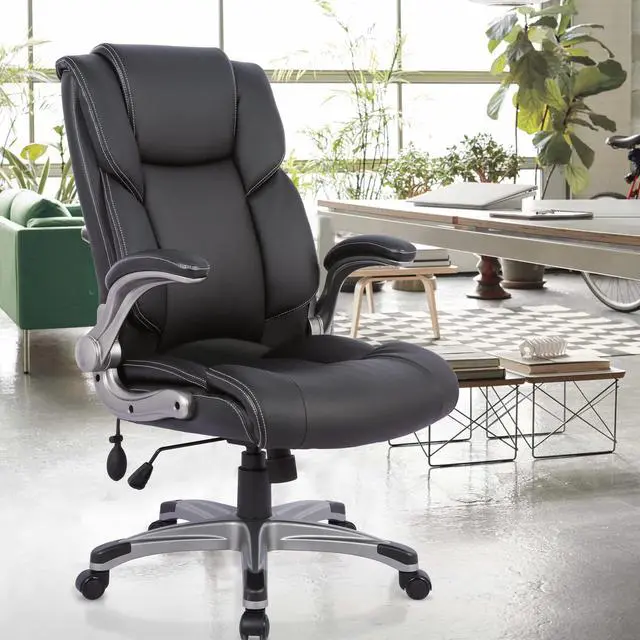 Alt view image 5 of 5 - COLAMY High Back Executive Office Chair - Padded Leather Ergonomic Computer Desk Chair with Inflatable Lumbar Support & Flip-Up Arms, Adjustable Tilt Lock Swivel Task Chair for Home Office, Black