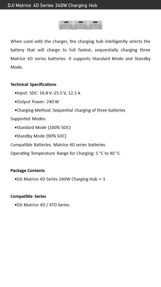 Alt view image 5 of 7 - DJI Matrice 4D 240W Charging Hub Sequential 3-Battery Fast Charge, Standby Mode