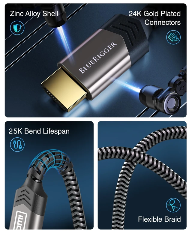 Alt view image 3 of 5 - BlueRigger 8K HDMI 2.1 Cable 3FT - 4 Pack (8K 60Hz, 48Gbps, HDMI Cord, HDR10+, HDCP2.3, eARC, Cotton Braided) - 8K HDMI Cable Compatible with PS5, PS4, Xbox, Apple TV, HDTV, Laptop, PC