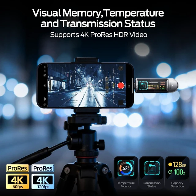 Alt view image 3 of 5 - MOVE SPEED 128GB USB Drive with Smart Display 1090MB/s USB 3.2 Gen2 and Type C SSD Memory Stick for ProRes 4K Video iPhone 17/16/15, Android Phone, Windows, Mac, Tablet