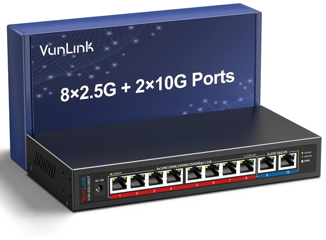 Main image of 10Gb Ethernet Switch with 8 x 2.5GbE RJ45 + 2 x 10GbE RJ45 Ports, VunLink 10 Port Unmanaged 2.5G/10G Multi-Gigabit Network Switch, Plug & Play, Desktop/Wall-Mount, Ideal for NAS, Gaming, Home Office