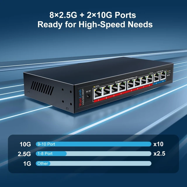Alt view image 2 of 5 - 10Gb Ethernet Switch with 8 x 2.5GbE RJ45 + 2 x 10GbE RJ45 Ports, VunLink 10 Port Unmanaged 2.5G/10G Multi-Gigabit Network Switch, Plug & Play, Desktop/Wall-Mount, Ideal for NAS, Gaming, Home Office